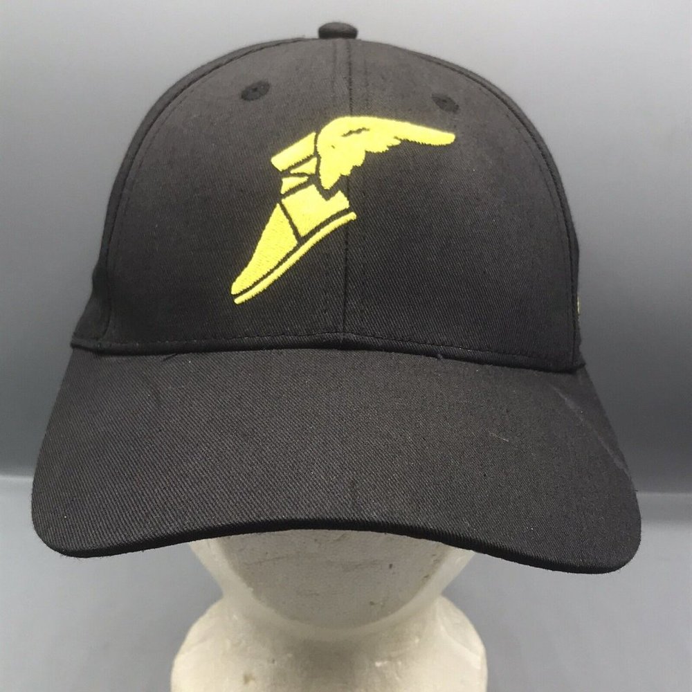 GOODYEAR Winged Foot Logo Racing Black Strapback Cap Hat American Flag Brim